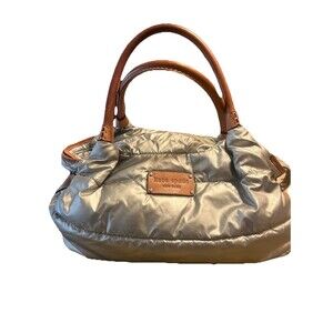 Kate Spade Quilted Silver Metallic Nylon Puffer Tote Bag Brown Leather Trim Flaw